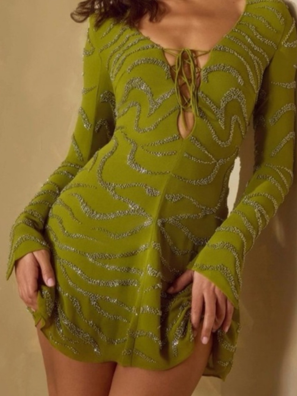 Oh Polly Olive Green Long Sleeve Mini Dress with Silver Sparkle